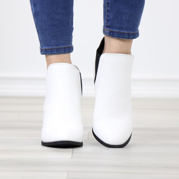 Chelsea Cone High Heel Ankle Boots White Synthetic Leather Pointed Toe - Picture 9 of 12